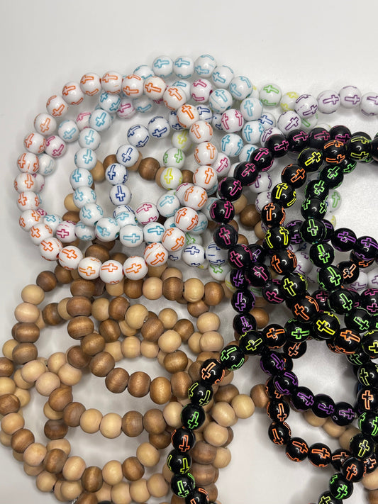 Blue and Pink Cross Light Beaded Christian Bracelet