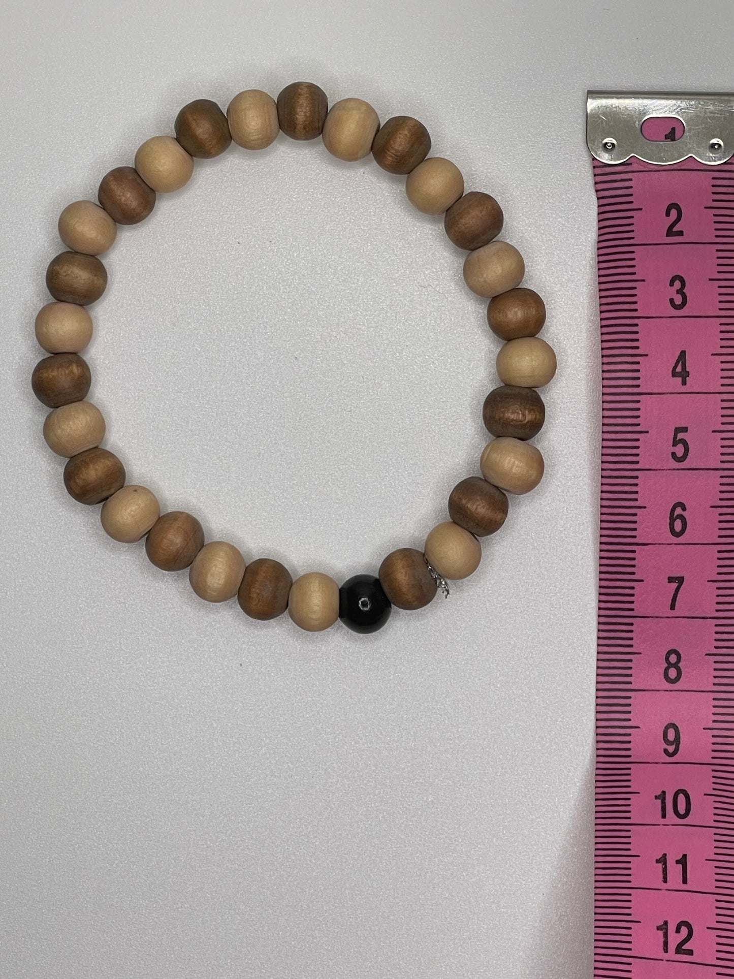 Wood Beaded Bracelet with Black Bead