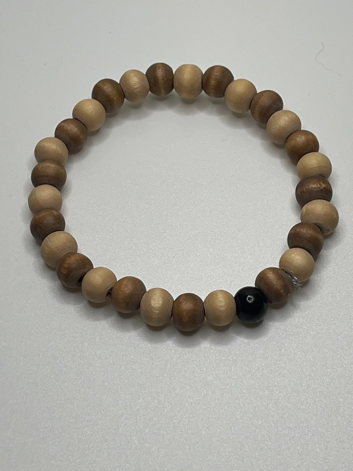 Wood Beaded Bracelet with Black Bead